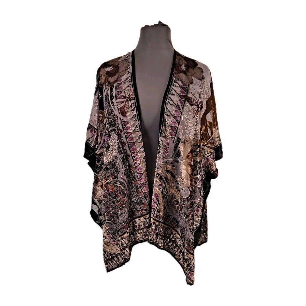 Chico's Women's Velvet Burnout Kimono One Size Boho Chic Floral Duster Cardigan